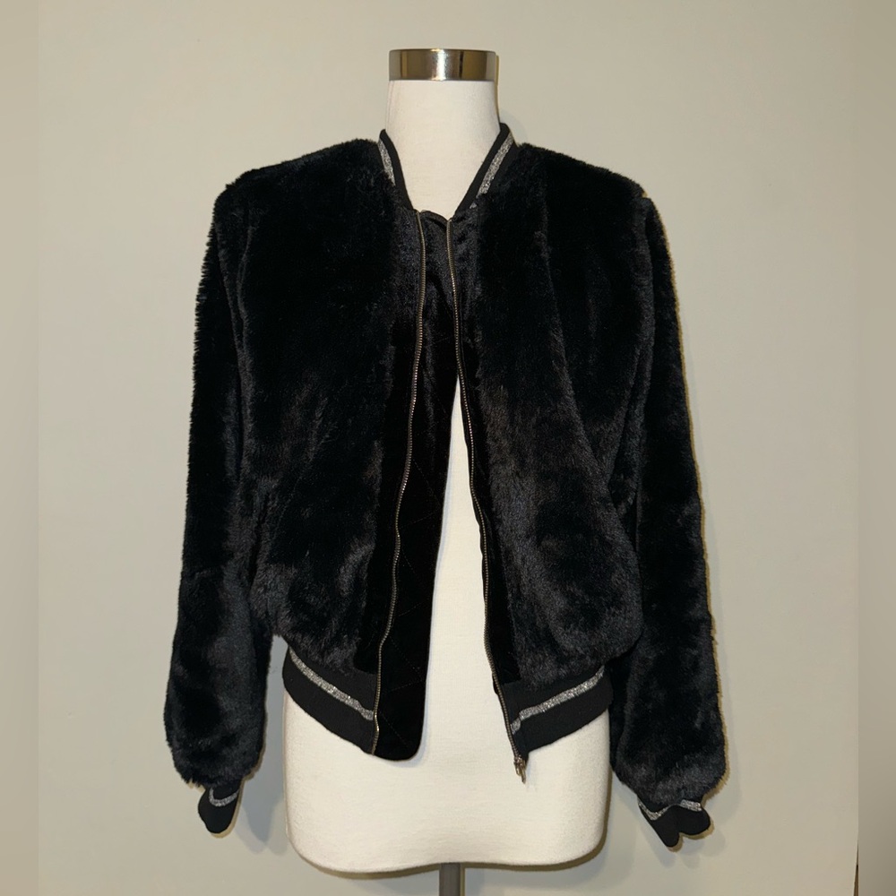 Black faux fur bomber jacket with silver details.